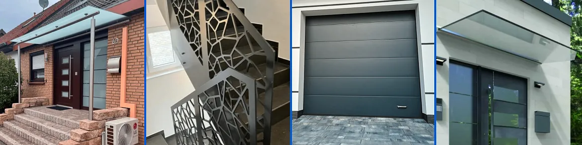 Bildcollage. 4 Bilder jeweils getrennt mit blauen Strichen.